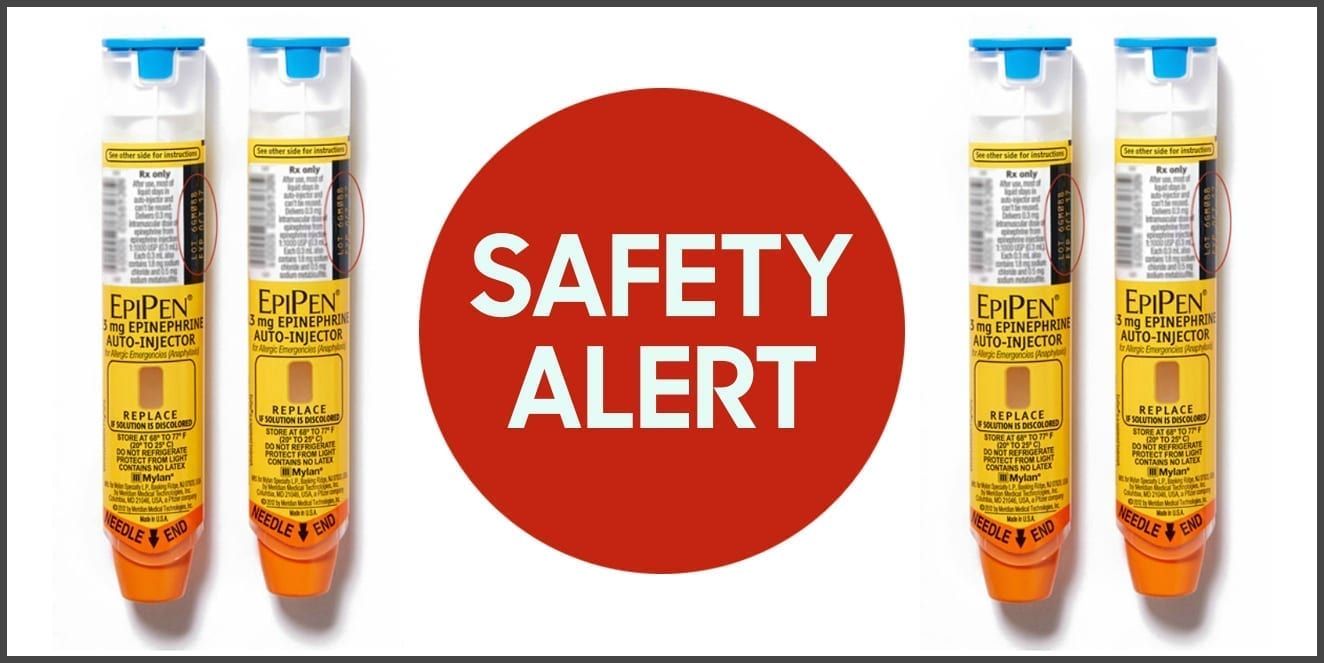 Image of four EpiPens with 'Safety Alert' written on a red circle.