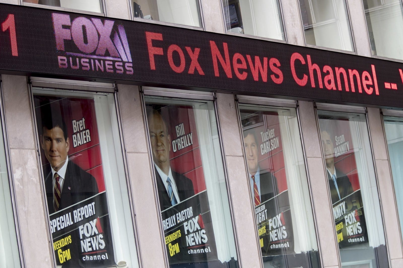 Image of Fox News posters displayed on the News Corp. headquarters building in Midtown Manhattan