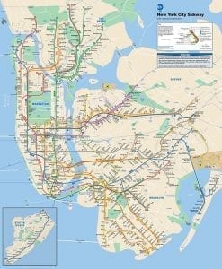 The New York City subway is among the most expansive and widely used public transportation networks in the world. With a total of 472 stations, only 112 are handicap accessible. Official New York City Subway Map; image by Metropolitan Transportation Authority of the State of New York, CC BY 2.0, via Wikimedia Commons, no changes.