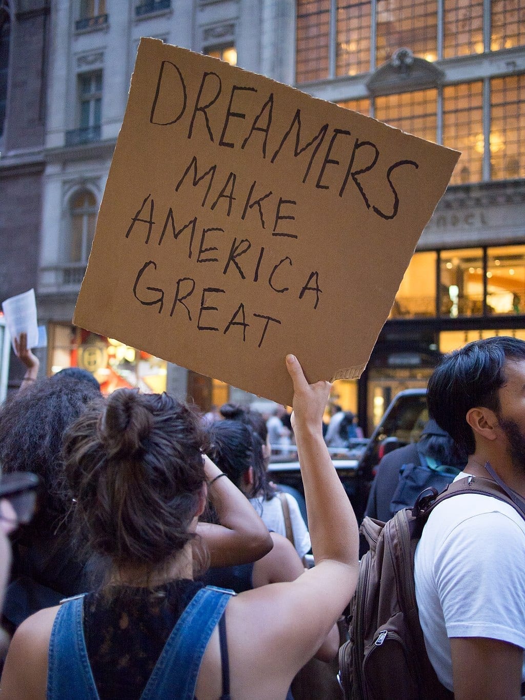 Protest in support of DACA (against its rescission) at Trump Tower in New York City; photo by Rhododendrites (Own work), CC BY-SA 4.0, via Wikimedia Commons, no changes.
