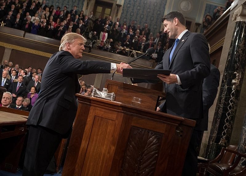 President Donald Trump shaking hands with Speaker of the House Paul Ryan at his February 28, 2017 address to a joint session of Congress.