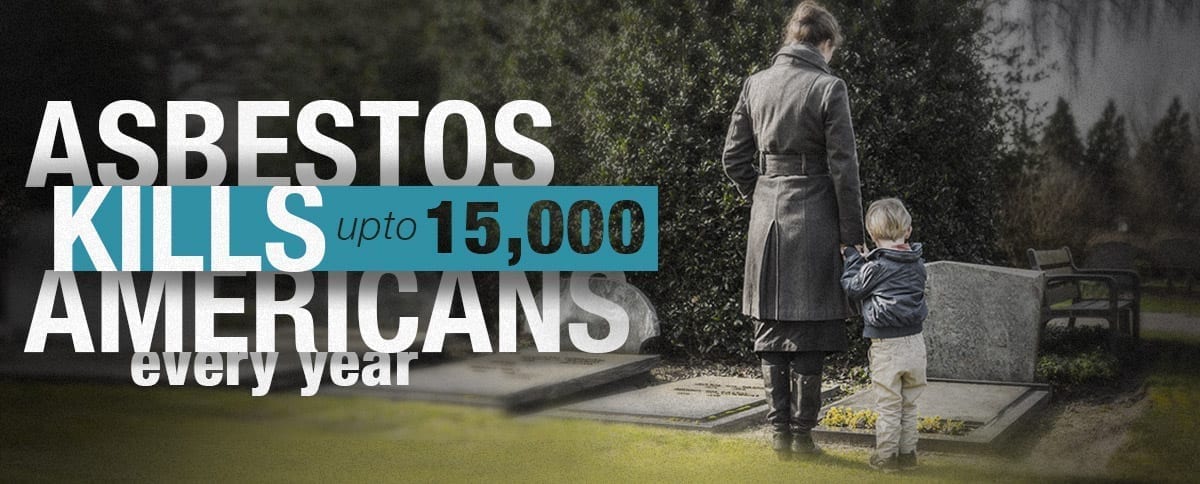 Woman and small child stand by grave. Caption reads "Asbestos kills up to 15,000 Americans every year.