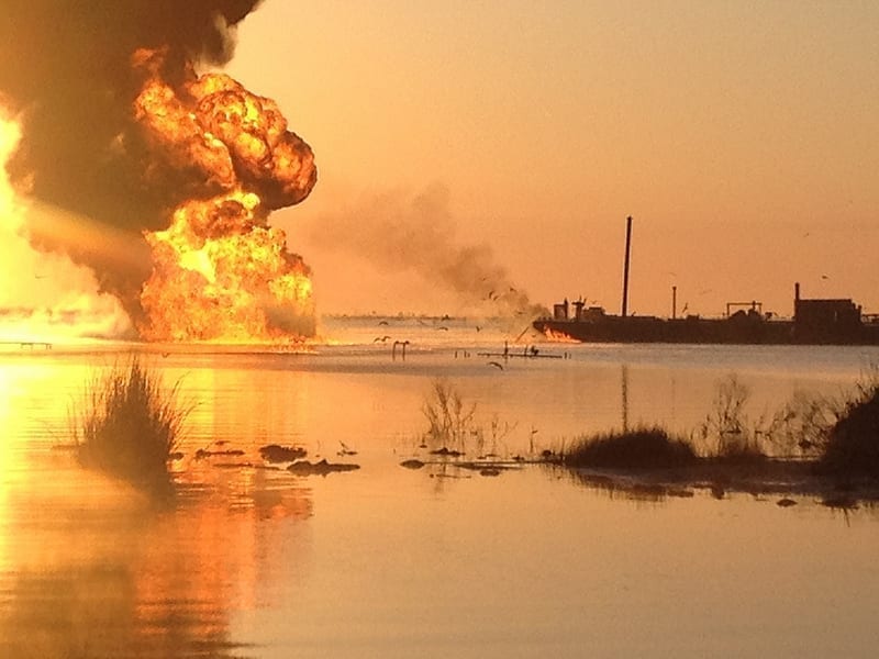 A pipeline burns in the Gulf of Mexico, south of New Orleans.