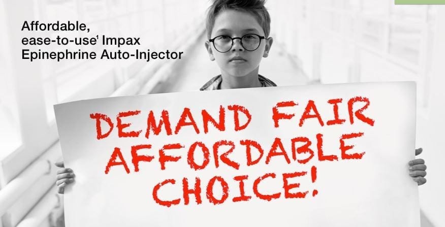 Boy holding a sign saying "Demand fair affordable choice" referring to epinephrine autoinjector prices.