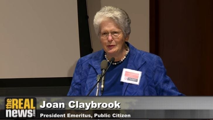 Joan Claybrook presenting "How Congress Really Works" at the Ralph Nader conference, "Breaking Through Power;" image courtesy of www.realnews.com.