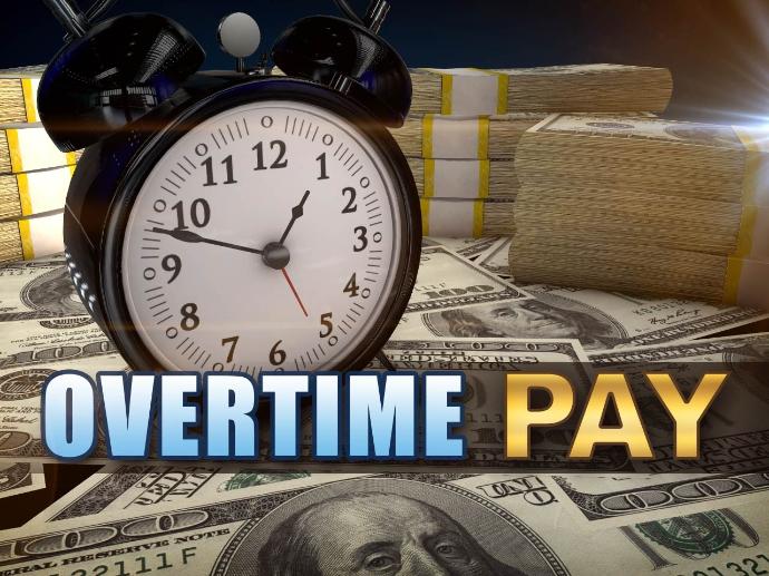 Image of a clock and money with the words 'Overtime Pay'
