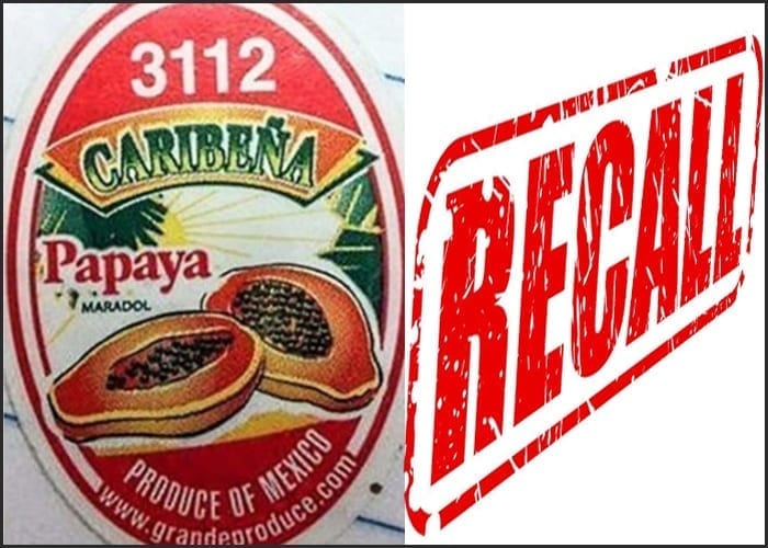 Image of the Grande Produce Recalled Papaya Sticker and the word 'RECALL' in red