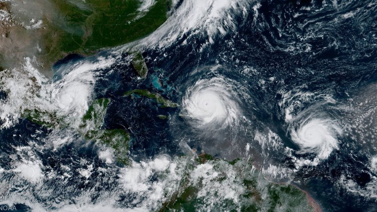 A rare image of three hurricanes threatening land in North America simultaneously: Katia, Irma, and Jose.