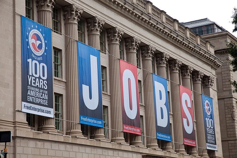 The U.S. Chamber of Commerce building, draped with banners that spell out the word JOBS.