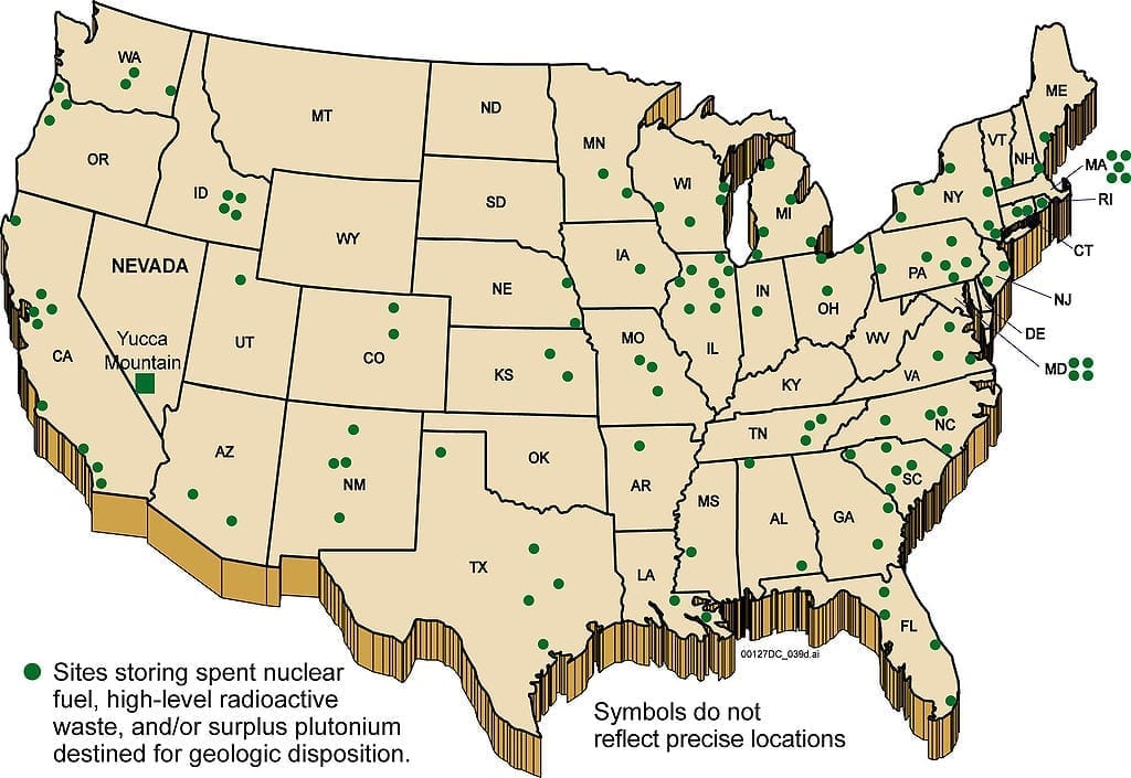 Map of current nuclear waste storage locations in the United States. Positions are approximate. Graphic courtesy DOE.gov, public domain.