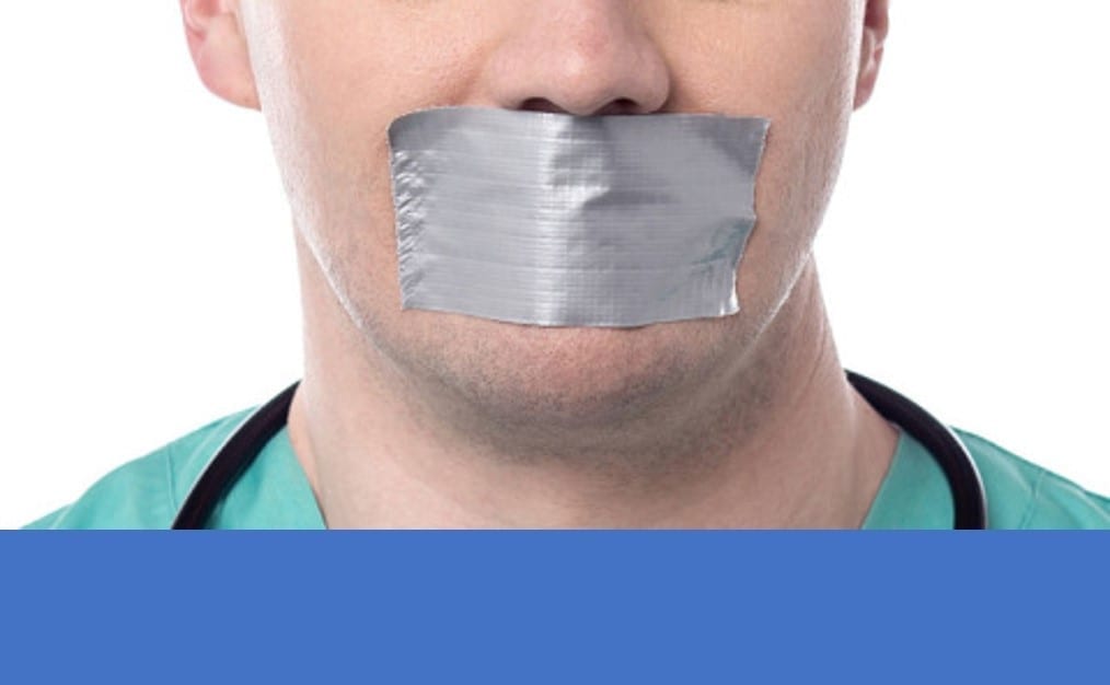 Doctor with mouth taped shut; image courtesy of www.nutritionsquared.com.