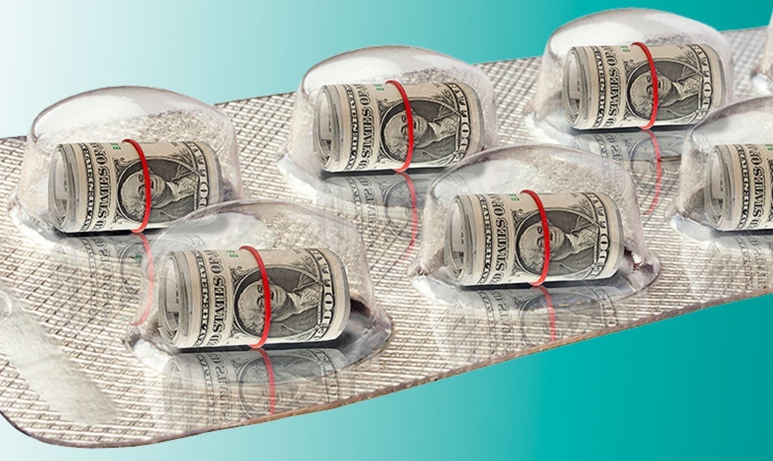 Blister pack of dollars instead of medicine; image courtesy of www.renegadetribune.com.