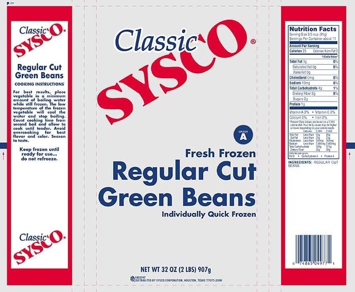 Image of a Recalled Green Bean Sysco Label