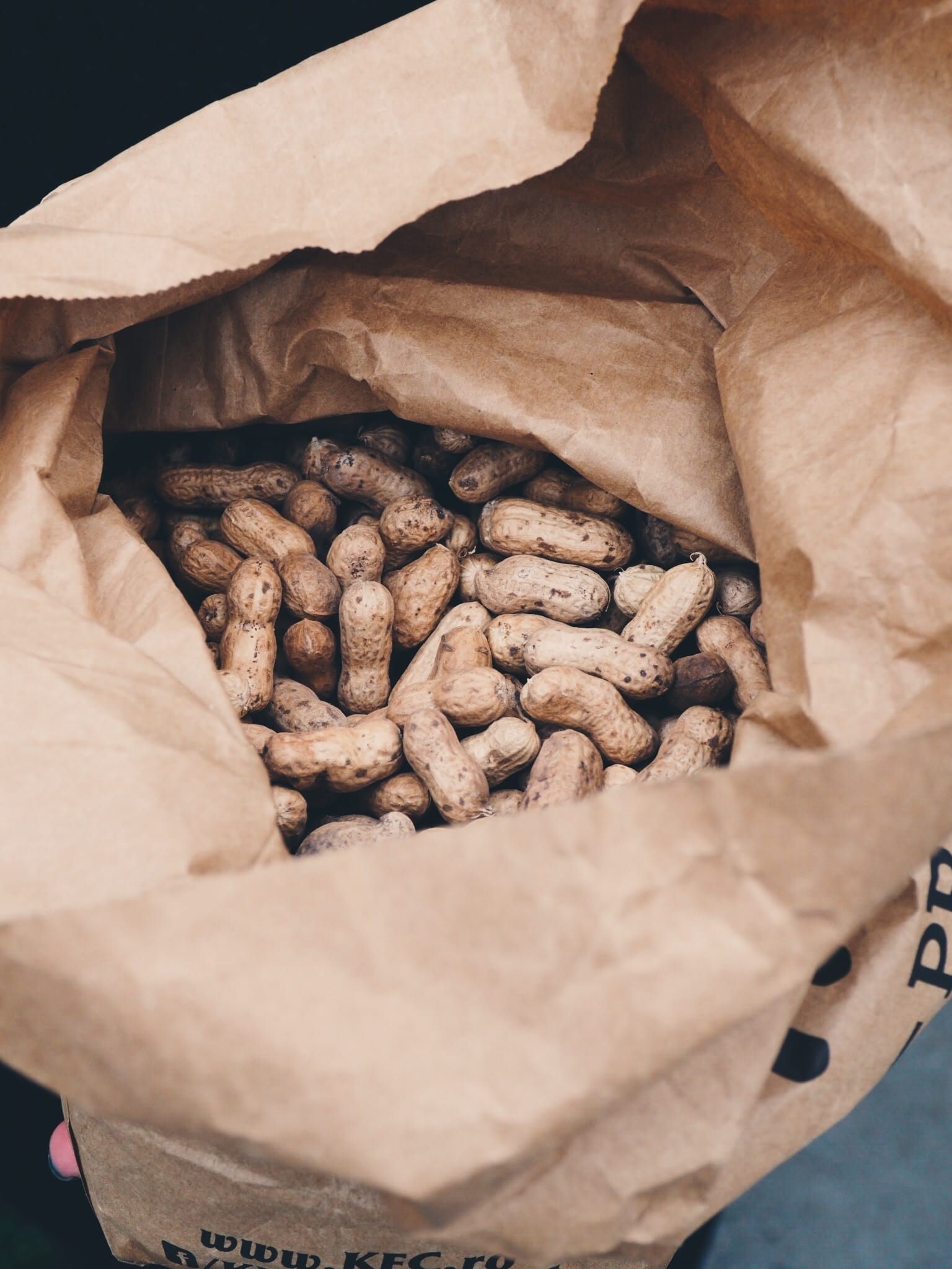 An opened paper bag filled with in-shell peanuts.