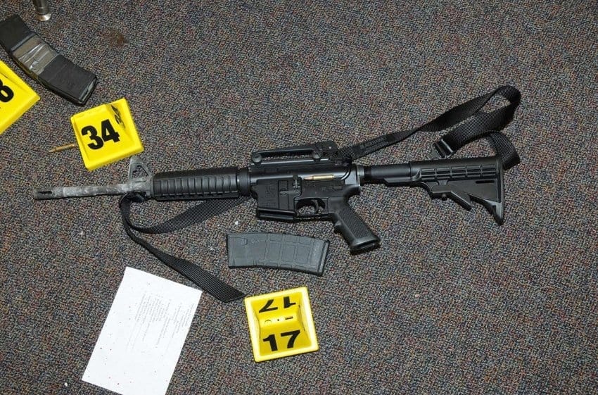 Bushmaster XM15-E2S used in Sandy Hook shootings; image courtesy Newtown Police, via Wikimedia Commons, CC0 1.0.