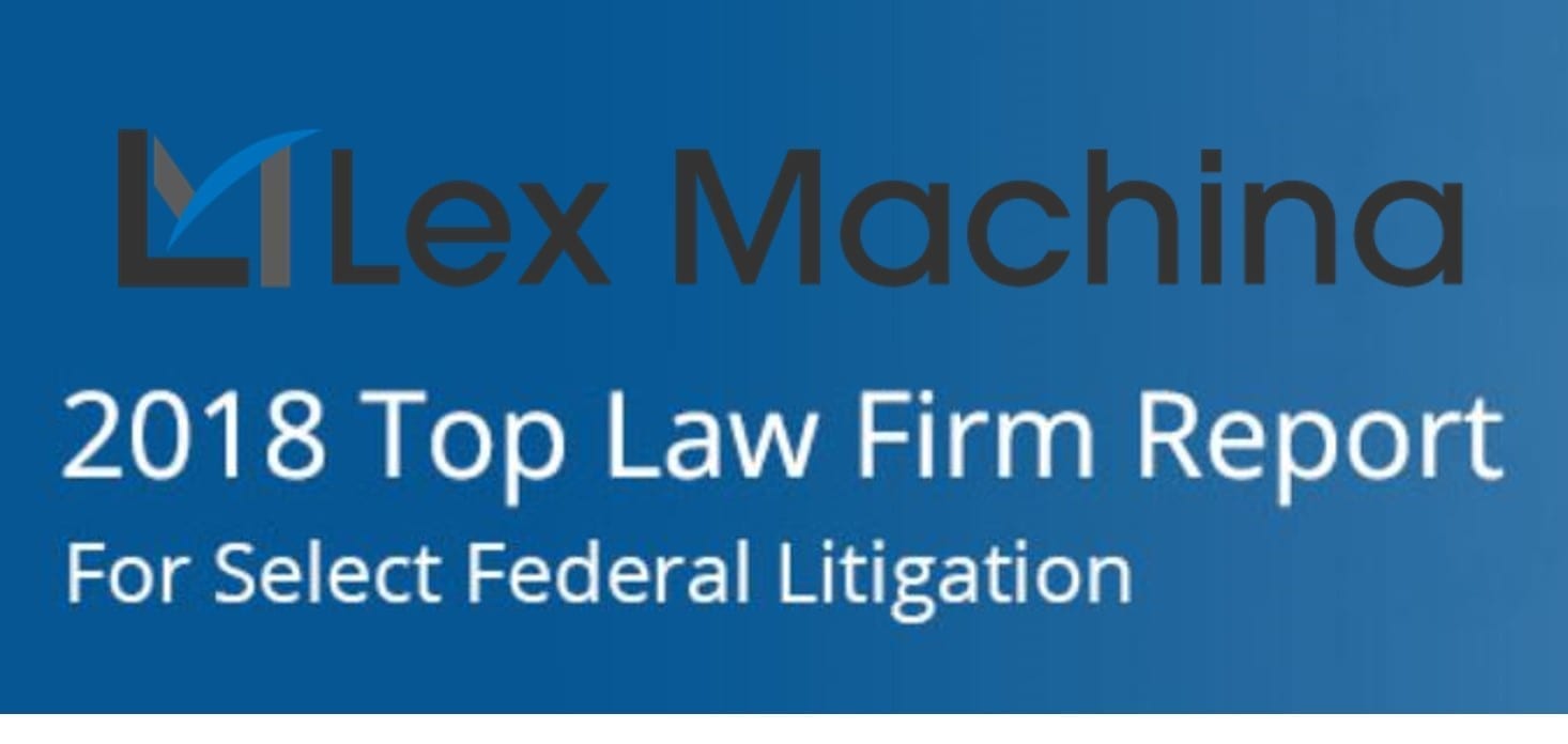 Lex Machina 2018 Top Law Firm Report for Select Federal Litigation; images courtesy of Lex Machina, combined by author.