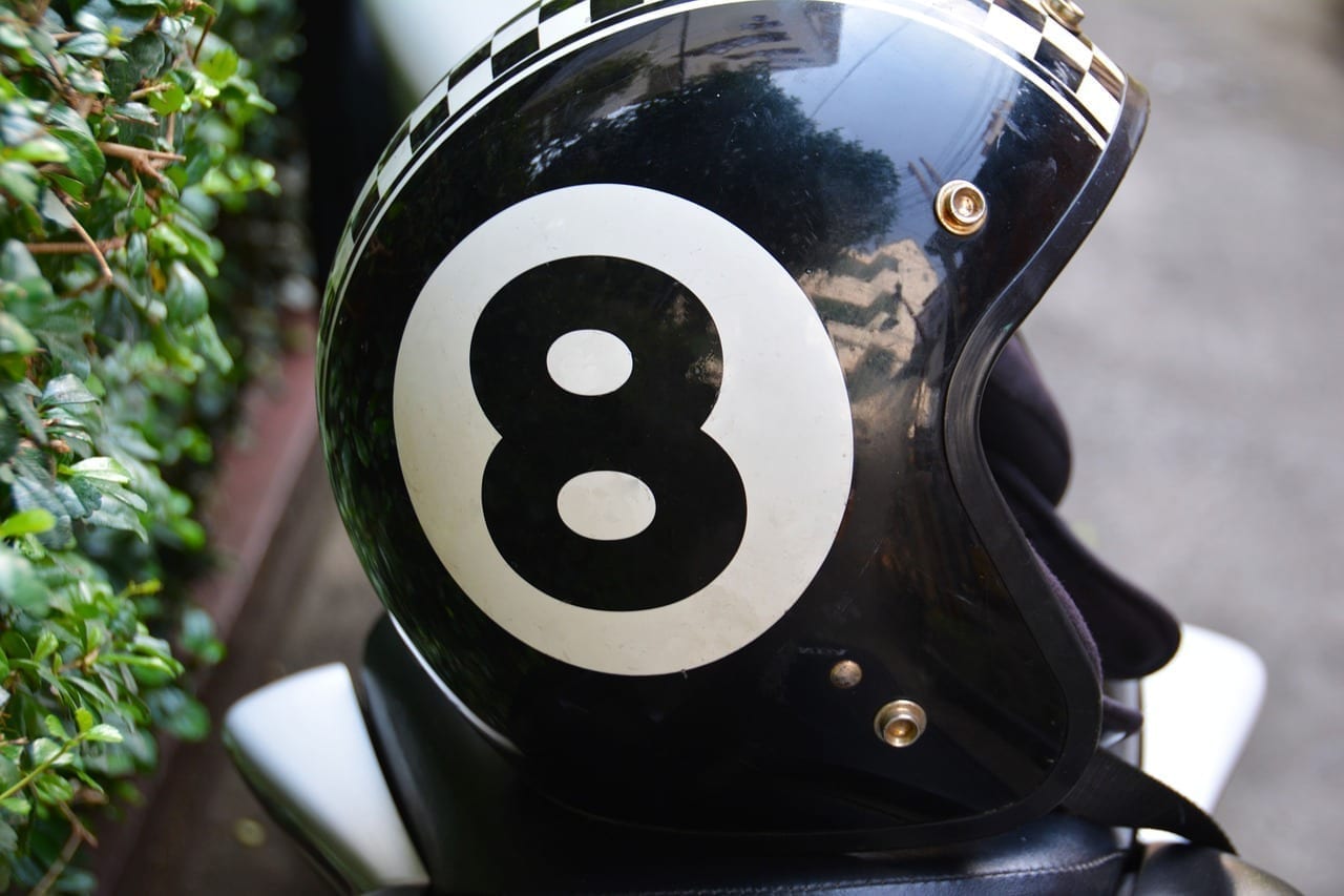 Lucky 8 motorcycle helmet; photo by terimakasih0, via Pixabay.com, CC0.