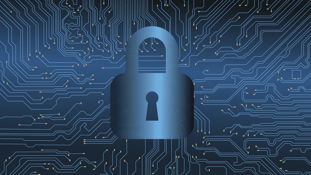 A padlock superimposed over a blue circuit board pattern.; image by jaydeep_ CC0, via Wikimedia Commons.