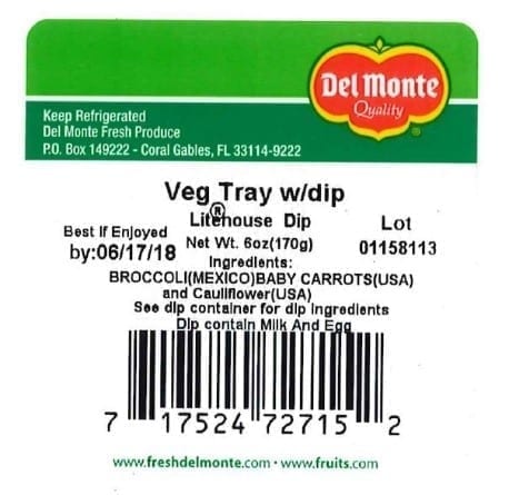 Image of a Label of Recalled Del Monte Veggie Tray