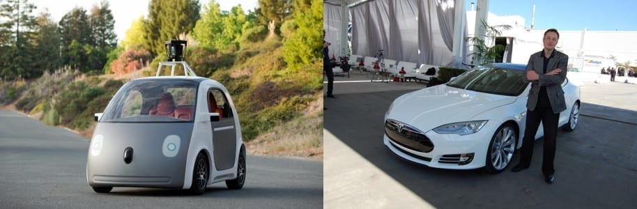 Google Self-Driving Car (left) and Elon Musk with a Tesla Model S (right); images via Pexels.com.