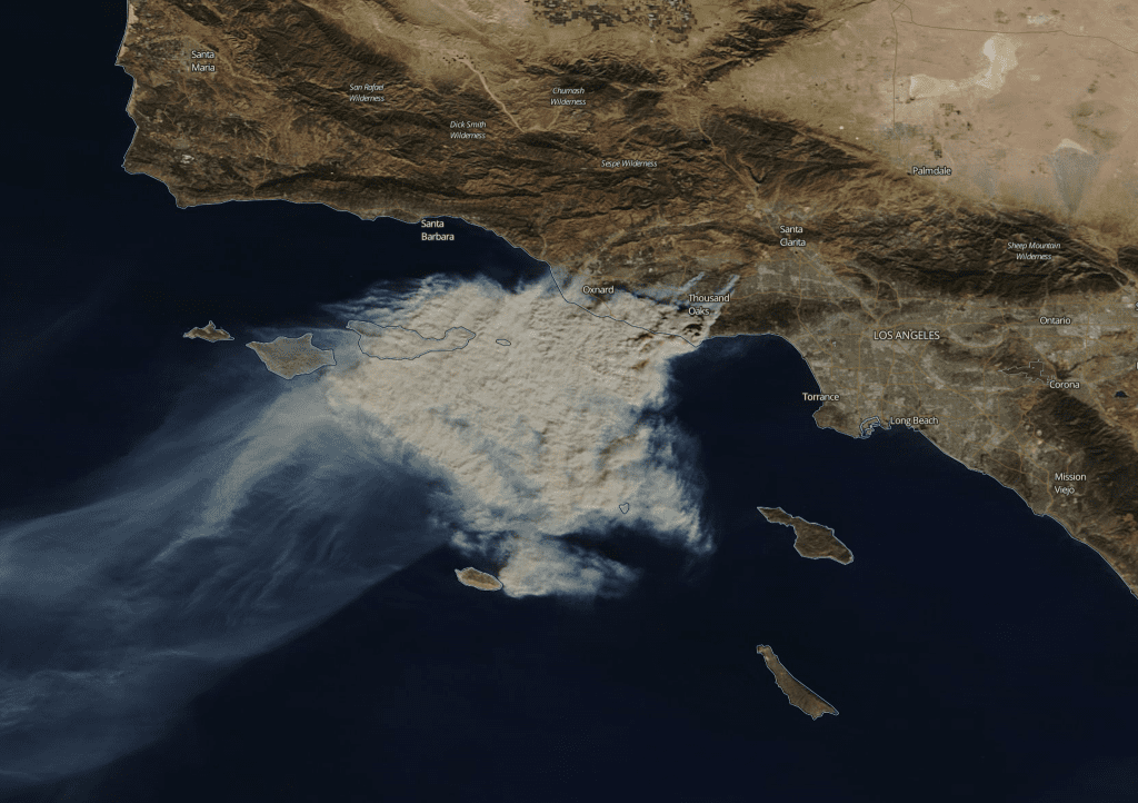 The Woolsey Fire, November 19, 2018; image by Peter Buschmann, Forest Service USDA, Public domain.Woolsey Fire satellite image, November 9, 2018; image by NASA MODIS (TERRA Satellite), Public domain, via Wikimedia Commons.