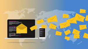 Envelopes, representing email, flying across the world from a computer screen; image by ribkhan, via Pixabay.com, CC0.