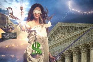 Lady Justice weeping as money tips the scales over the people; graphic by Neil Angeles.