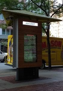 The MassDOT Kiosk outside of the Park Plaza headquarters