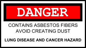 Sign reading “DANGER: Contains Asbestos Fibers, Avoid Creating Dust. Lung disease and cancer hazard.” Image by Clker-Free-Vector-Images, via Pixabay.com.