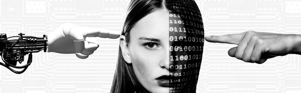 Woman's head with robot hand touching human face, while human hand touches face covered in binary code; image by geralt, via Pixabay.com.
