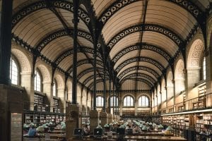 Interior of library in Paris, France; image by John Towner, via unsplash.com.