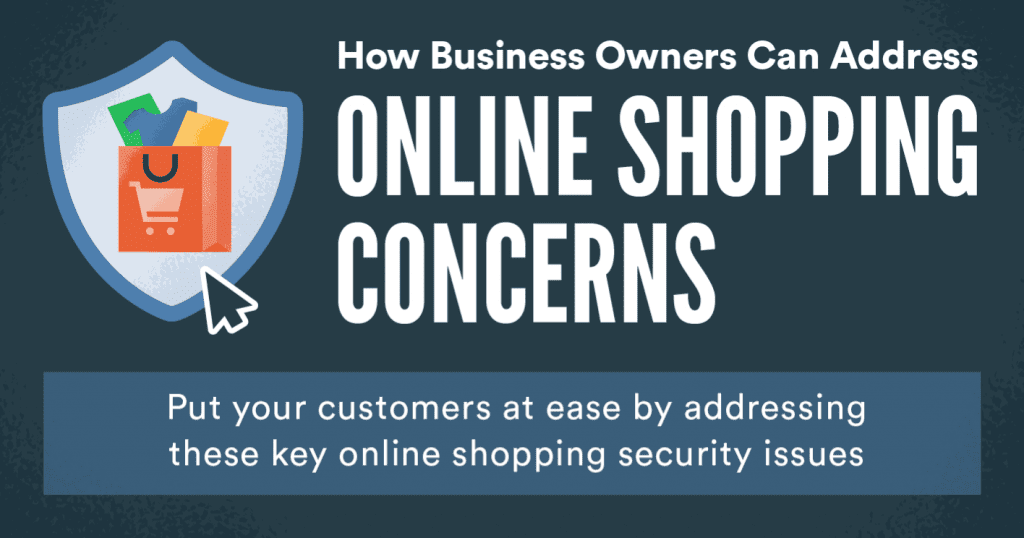 Graphic saying "How Business Owners Can Address Online Shopping Concerns," with a full shopping bag surrounded by a badge; graphic courtesy of author.