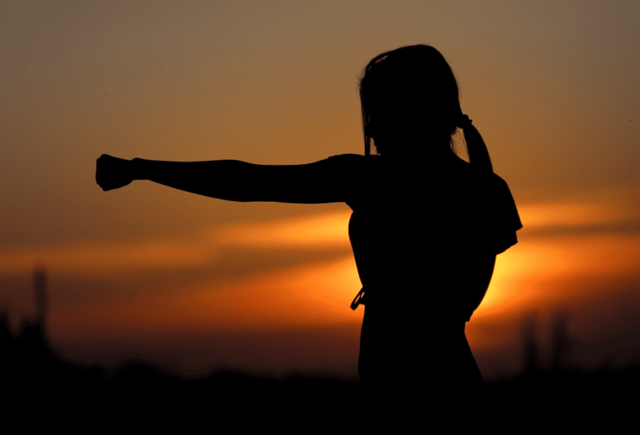 Silhouette of woman practicing Karate at sunset; image by Klimkin, via Pixabay.com.