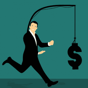 Chasing money graphic depicting a man in a suit with a pole down his back from which hangs a dollar sign; image by Mohamed Hassan, via Pixabay.com.