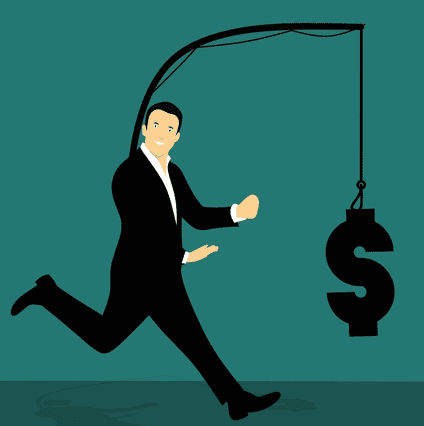 Chasing money graphic depicting a man in a suit with a pole down his back from which hangs a dollar sign; image by Mohamed Hassan, via Pixabay.com.