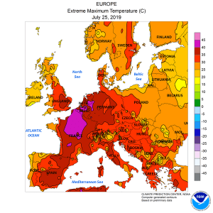 A map of Europe colored with glowing oranges and reds signifying heat levels.