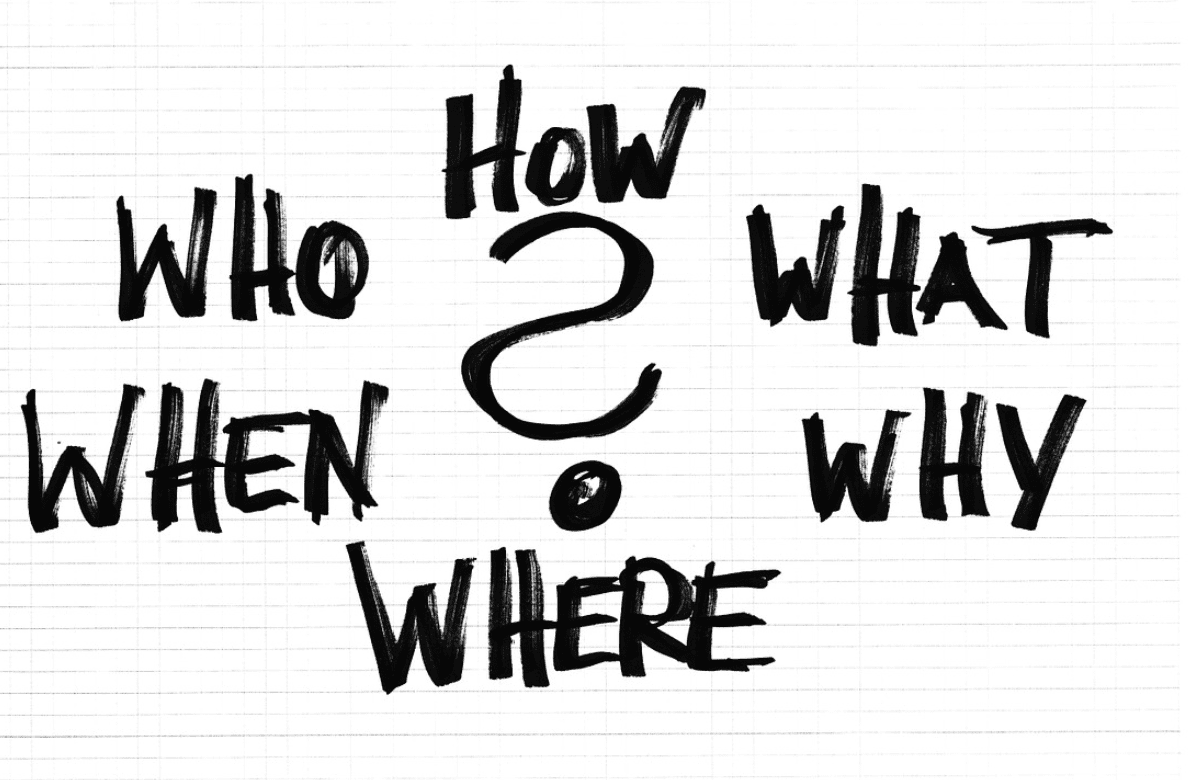 Black and white writing of “Who, What, When, Where, Why, How?” Image by Geralt, via Pixabay.com.
