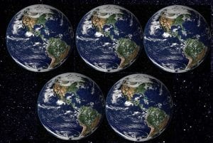 Five identical images of the Earth seen from space.