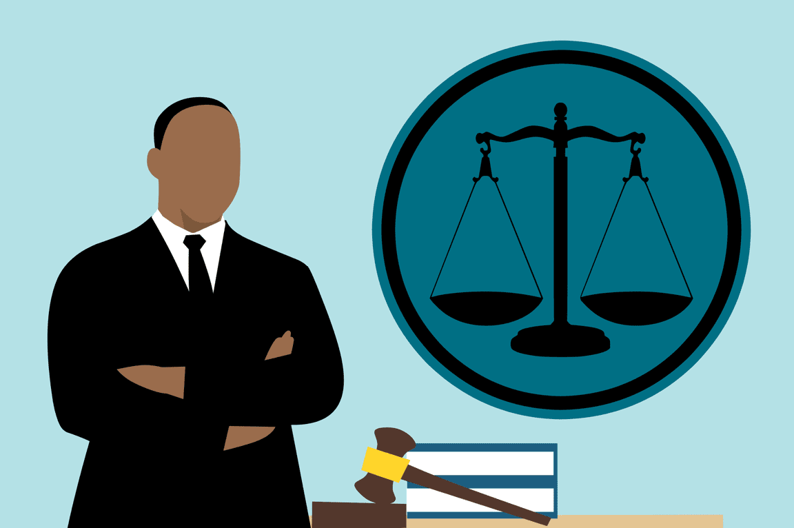 Graphic depicting African-American man in suit with arms folded, standing near a desk on which sits a gavel. The scales of justice are on the wall behind the desk. Graphic by Mohamed Hassan, via pxhere.com, CC0 public domain.