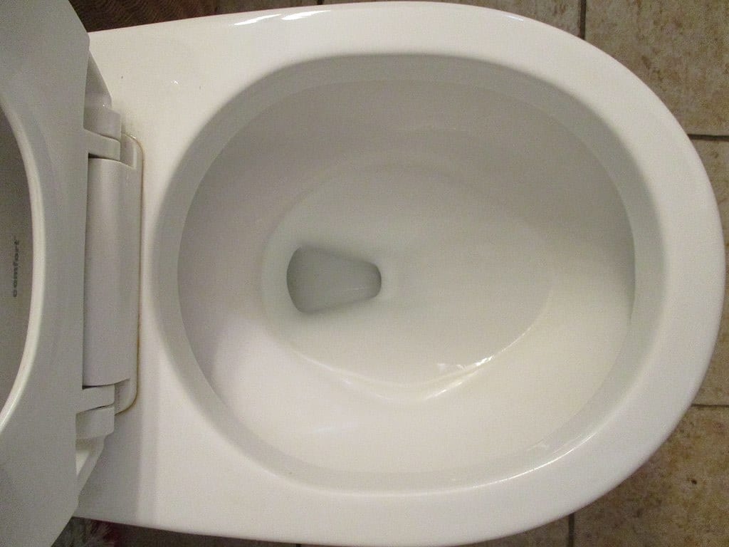 A clean, white porcelain toilet bowl with water in it and the seat up.