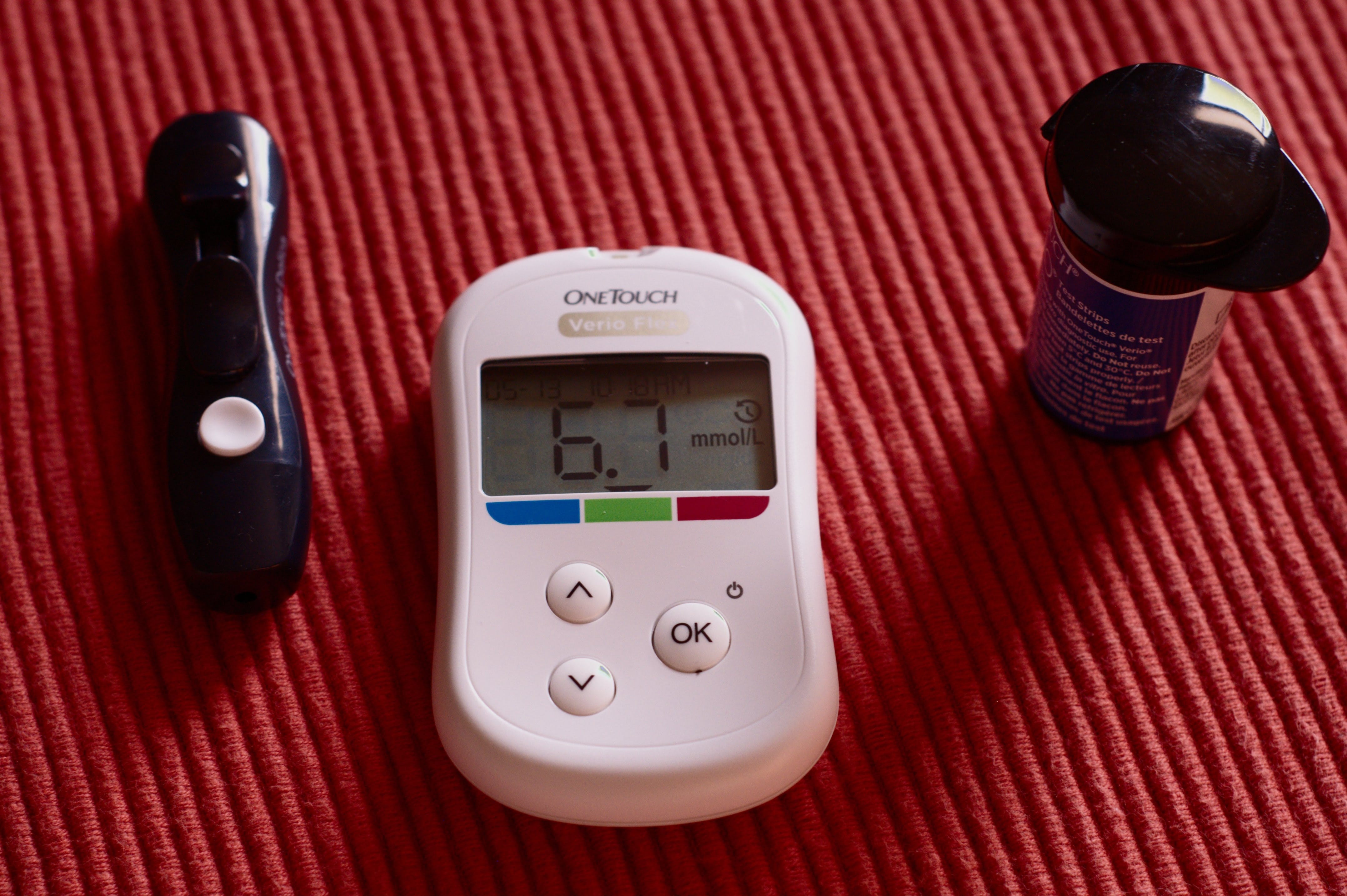 White One Touch blood sugar monitor at 6.7; image by Kate, via Unsplash.com.