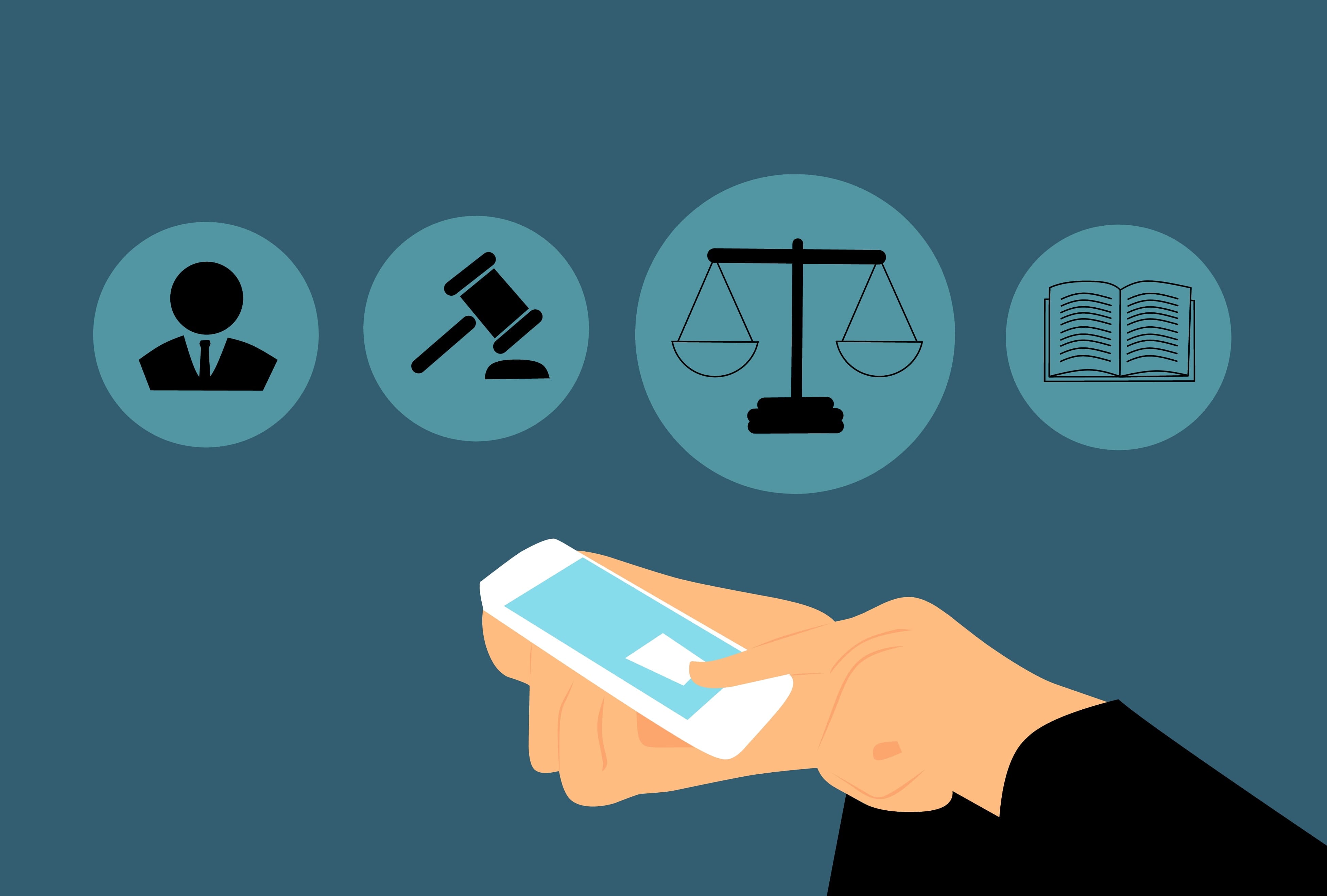 Graphic of person using smartphone to access the scales of justice; image via piqsels.com CCO.