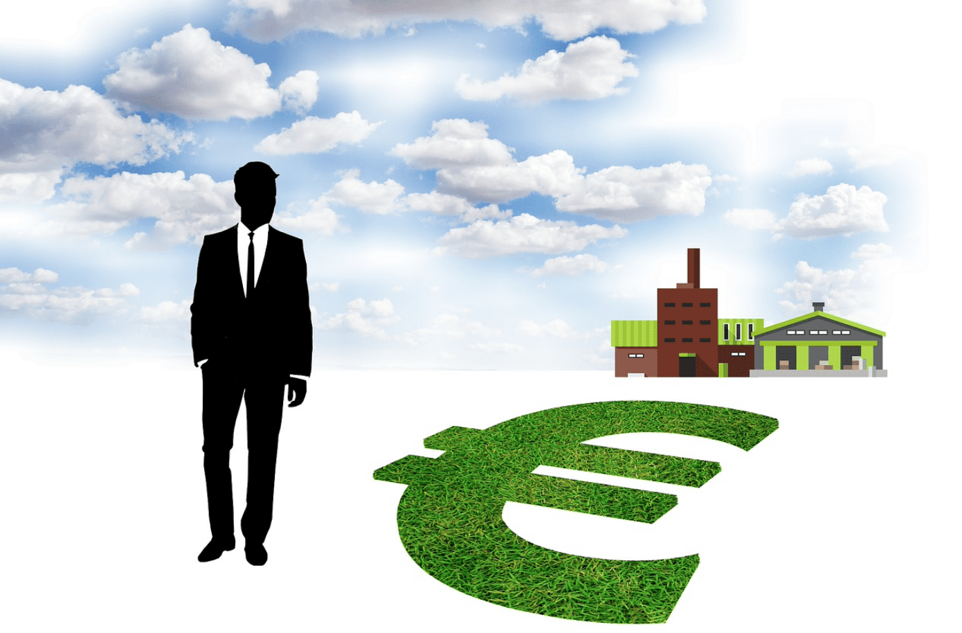 Graphic of man in suit against blue sky with white clouds. Factory in background; money sign with green grass fill in foreground. Image by Tumisu, via Pixabay.com.