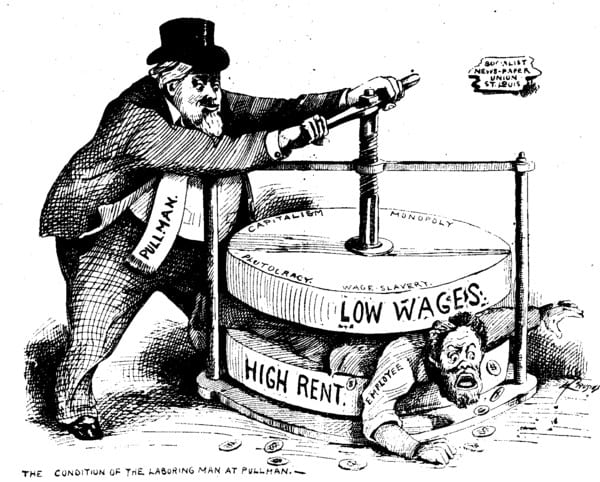 Black and white political cartoon showing a worker being squeezed between low wages and high rent.