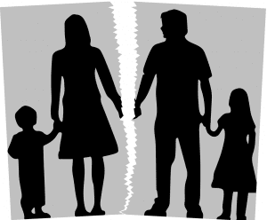 Graphic of family photo torn in two, mom and son on one side, dad and daughter on the other; graphic by Tumisu, via Pixabay.com.