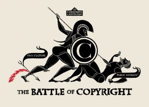 This illustration is an allegory of the battle between the old world of corporate monopolies and post-internet public domain for the extension of intellectual property rights. Image by Christopher Dombres, via flickr.com, public domain.