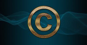 Copyright symbol in gold on a blue background with a wavy design; image by TheDigitalArtist, via Pixabay.com.