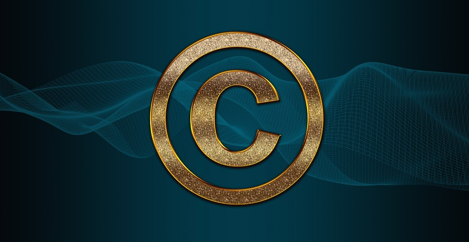 Copyright symbol in gold on a blue background with a wavy design; image by TheDigitalArtist, via Pixabay.com.
