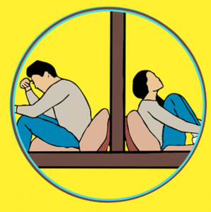 Graphic of man and woman sitting in different rooms, separated by a wall; graphic by Mohamed Hassan, via Pixabay.com.