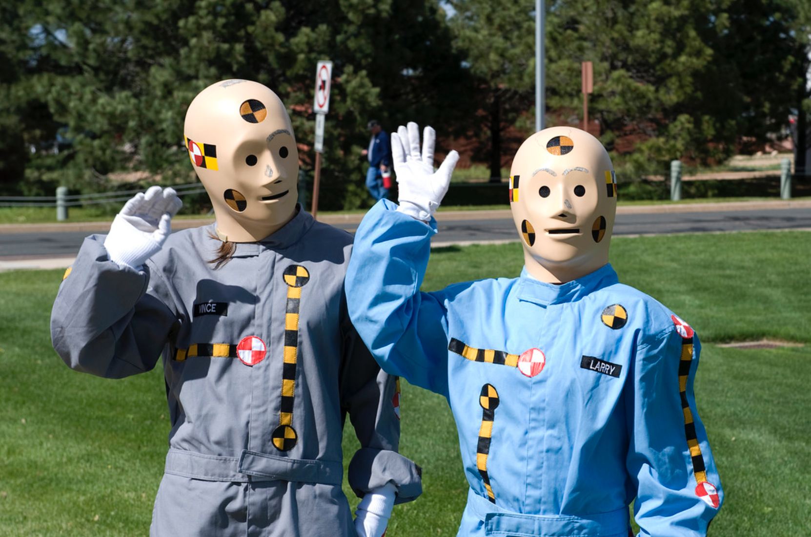 PETERSON AIR FORCE BASE, Colo. -- Crash test dummies Vince and Larry (Katelyn Smith, in the gray suit and Rae Reeves in the blue suit),(U.S. Air Force photo/Craig Denton).